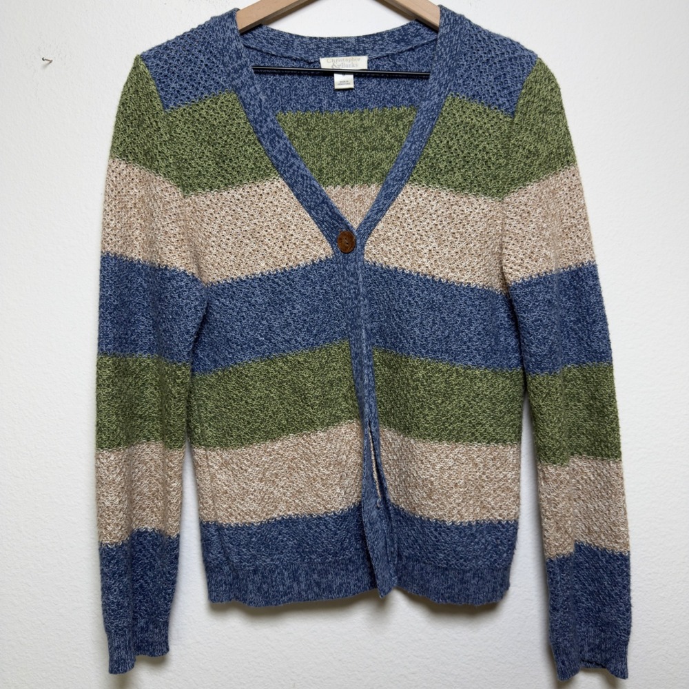 VTG 90s Women Cotton Ramie Cardigan Sweater M Blue Green Goblin Gremlin Forest
